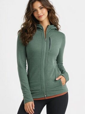 Icebreaker Quantum III 100% Merino Wool Full Zip Hoodie Sage Outdoor Size M
